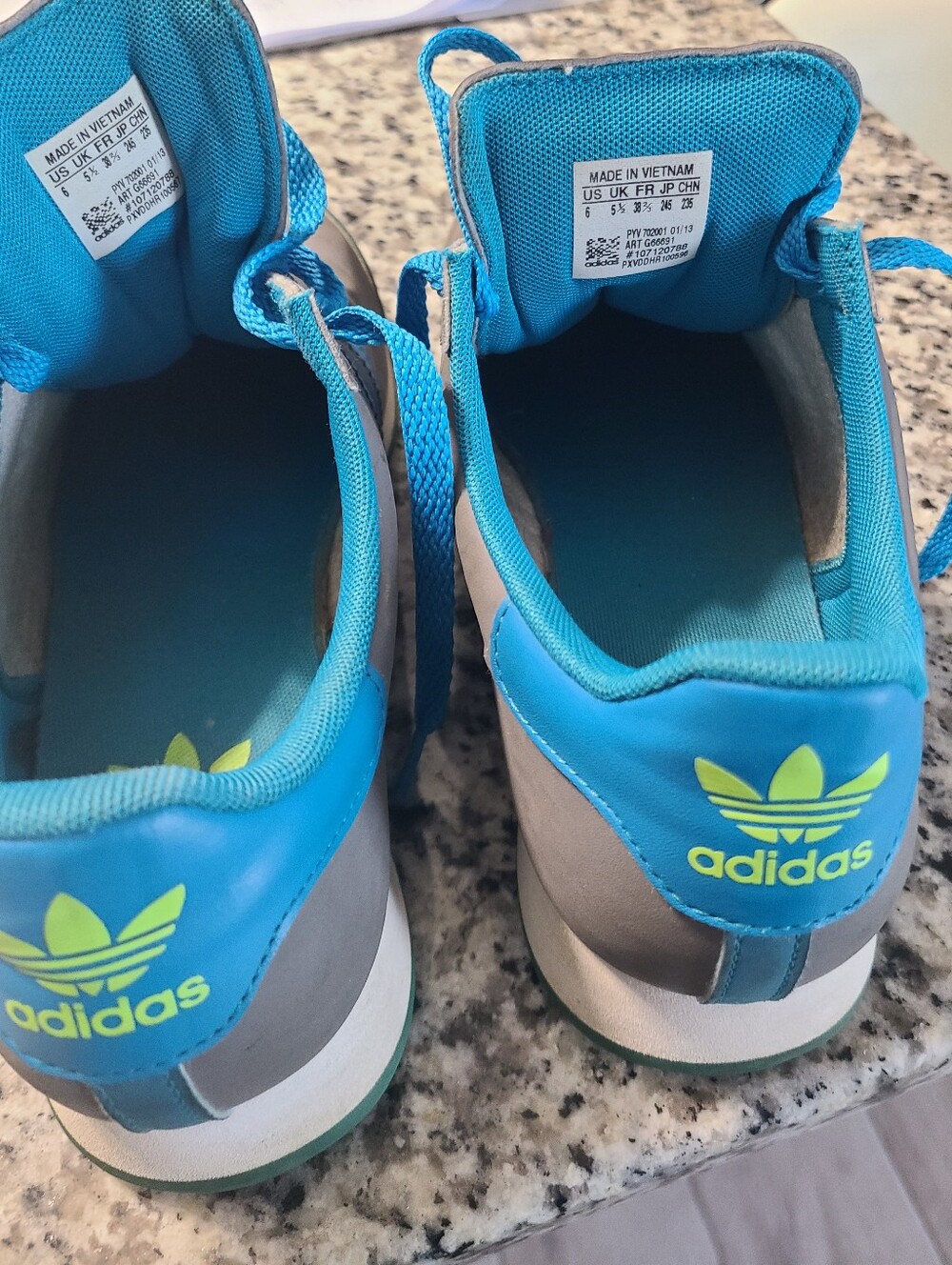 adidas Gray Sneakers with Bright Blue Laces and Green Toe Caps - Picture 3 of 5